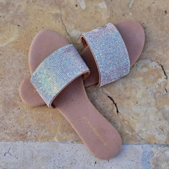 Women's Rhinestone Flats Sandals Taupe Color - Picture 2 of 4